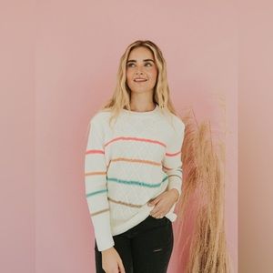 Davi & Dani | White Sweater | Colored Stripes | Shoulder Button Accent | Small